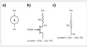 圖1:電流源:理想(a),半導體(b)和電阻(c)